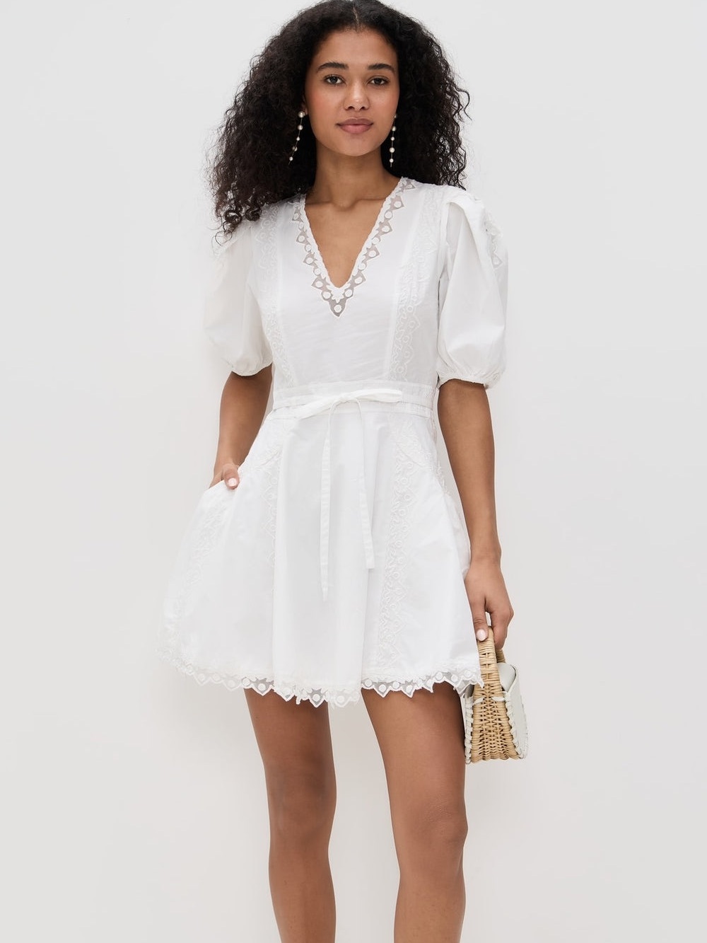 Ulla Johnson White Eyelet V-Neck Mini Dress with Puff Sleeves